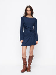 Boat Neck Wrap Ruched Knotted Bell Sleeve Mini Dress