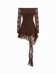 Cotton-blend Lace Off-shoulder Floral Ruffle Hem Mini Dress