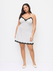 V-neck Polka Dot Lace Trim Mini Nightdress With Removable Bra Curve & Plus