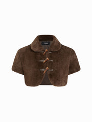 Faux Shearling Collar Deer Print Toggle Button Short Sleeve Jacket