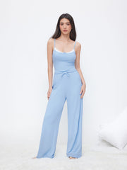 Square Neck Bowknot Cami Top & Mid Rise Drawstring Wide Leg Trousers Loungewear Set