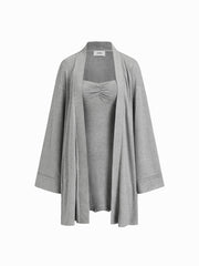 Lace Trim Robe With Belt & Square Neck Ruched Mini Nightdress Loungewear Set