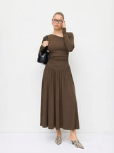 Asymmetrical Neck Long Sleeve Ruched Maxi Dress