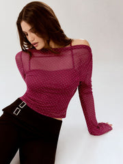 Two-Piece Sheer Rhinestone Long Sleeve Top & Cami Top