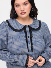 100% Cotton Gingham Peter Pan Collar Puff Sleeve Lace Panel Blouse Curve & Plus