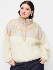 Cotton Fleece Patched Stand Collar Floral Contrasting Binding Sweatshirt Curve & Plus