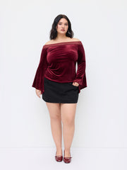 Velvet Off-shoulder Ruched Lace Bell Sleeve Top Curve & Plus