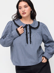 100% Cotton Gingham Peter Pan Collar Puff Sleeve Lace Panel Blouse Curve & Plus