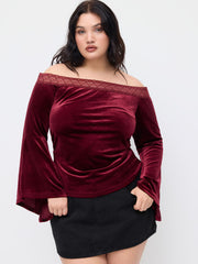 Velvet Off-shoulder Ruched Lace Bell Sleeve Top Curve & Plus
