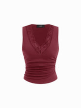 Cotton-blend V-neck Ruched Lace Trim Tank Top