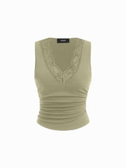 Cotton-blend V-neck Ruched Lace Trim Tank Top