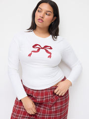 Bowknot Graphic Round Neckline Top & Plaid Mid Rise Elastic Waist Straight Leg Trousers Loungewear Set Curve & Plus