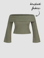 Off-shoulder Solid Knitted Long Sleeve Top Curve & Plus