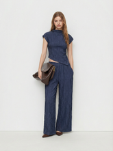 Stand Collar Asymmetrical Hem Texture Top & Mid Rise Straight Leg Trousers Set
