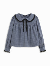 100% Cotton Gingham Peter Pan Collar Puff Sleeve Lace Panel Blouse Curve & Plus