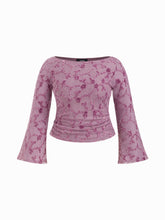 Boat Neck Applique Floral Ruched Bell Sleeve Top Curve & Plus
