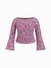 Boat Neck Applique Floral Ruched Bell Sleeve Top Curve & Plus