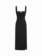 Square Neck Ruched Split Maxi Dress