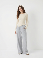 Brushed Fabric Boat Neck Long Sleeve Asymmetrical Hem Lettuce Trim Top