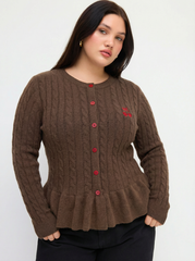 Cable Knit Cherry Embroidery Long Sleeve Ruffle Hem Top Curve & Plus