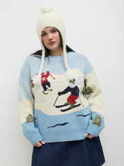 Knit Ski Graphic Round Neckline Oversized Top Curve & Plus