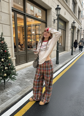 Cotton-blend Mid Rise Plaid Wide Leg Trousers