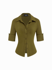 Collar Mid-length Sleeve Button Top