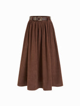 Corduroy Mid Rise Flared Maxi Skirt With Belt