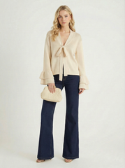 Wool-blend V-neck Ruffle Sleeve Bowknot Oversized Cardigan