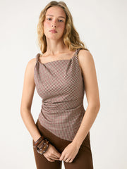 Houndstooth Boat Neck Ruched Cami Top