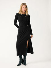 Round Neck Metal Detail Split Ruched Maxi Dress