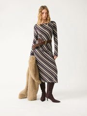 Boat Neck Bell Sleeve Striped Straight Maxi Dress