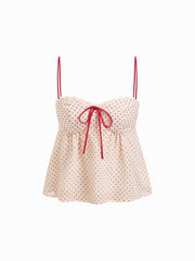 Chiffon Polka Dot V-neck Lace Trim Bowknot Oversized Cami Top