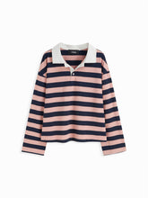 Cotton-blend Collar Striped Long Sleeve Oversized Tee