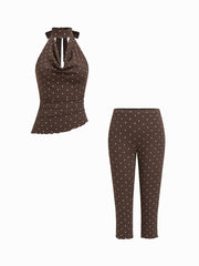 Cotton-blend Halter Neck Polka Dot Ruched Top & Mid Rise Capri Pants Set
