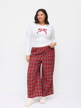 Bowknot Graphic Round Neckline Top & Plaid Mid Rise Elastic Waist Straight Leg Trousers Loungewear Set Curve & Plus