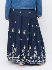 Mid Rise Floral Embroidery Tiered Maxi Skirt Curve & Plus