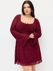 Velvet Floral Sweetheart Bell Sleeve Bowknot Ruffled Mini Dress Curve & Plus