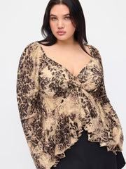 Velvet Sweetheart Neck Leopard Print Asymmetrical Ruffle Hem Top Curve & Plus