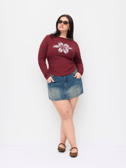 Cotton-Blend Boat Neck Floral Graphic Ruched Tee Curve & Plus