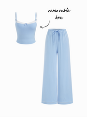 Square Neck Bowknot Cami Top & Mid Rise Drawstring Wide Leg Trousers Loungewear Set