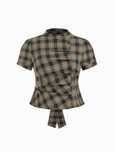 Plaid Stand Collar Puff Sleeve Tie Back Button Blouse Curve & Plus