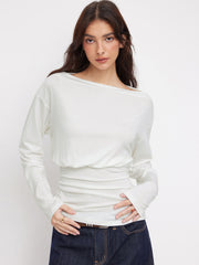 Boat Neck Ruched Long Sleeve Top