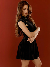 Velvet Mandarin Collar Metal Detail Mini Dress