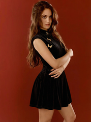 Velvet Mandarin Collar Metal Detail Mini Dress
