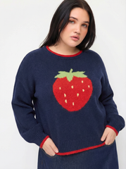 Knit Strawberry Pattern Contrasting Binding Round Neckline Long Sleeve Oversized Top Curve & Plus