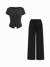 Striped Boat Neck Top & Mid Rise Straight Leg Trousers Set
