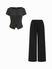 Striped Boat Neck Top & Mid Rise Straight Leg Trousers Set