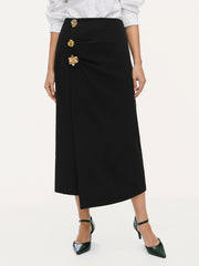 Mid Rise Asymmetrical Hem Metal Detail Midi Skirt