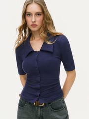 Collar Ruched Cinched Waist Mid-length Sleeve Top
